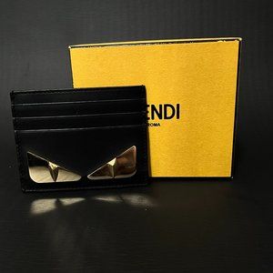 FENDI Vitello Liberty Lucido Metal Monster Eyes Card Holder Black Gold
